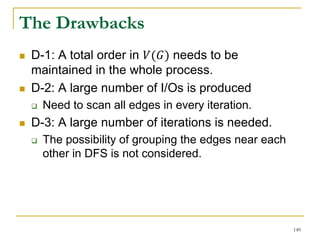 The Drawbacks
 D-1: A total order in 𝑉(𝐺) needs to be
maintained in the whole process.
 D-2: A large number of I/Os is produced
 Need to scan all edges in every iteration.
 D-3: A large number of iterations is needed.
 The possibility of grouping the edges near each
other in DFS is not considered.
149
 