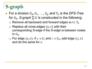 S-graph
 For a division 𝐺0, 𝐺1, …, 𝐺 𝑝 and 𝑇0 is the DFS-Tree
for 𝐺0, S-graph 𝐺 is constructed in the following:
 Remove all backward and forward edges w.r.t. 𝑇0
 Replace all cross-edges (𝑢, 𝑣) with their
corresponding S-edge if the S-edge is between nodes
in 𝐺0,
 For edge (𝑢, 𝑣), if 𝑢 ∈ 𝐺𝑖 and 𝑣 ∈ 𝐺0, add edge (𝑟𝑖, 𝑣)
and do the same for 𝑣.
167
 