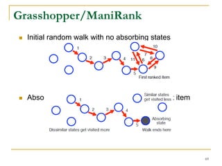 Grasshopper/ManiRank
 Initial random walk with no absorbing states
 Absorbing random walk after ranking the first item
69
 