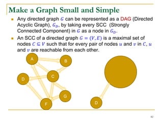 A
B
D
C
F
G
A
B
C
G
F D
Make a Graph Small and Simple
 Any directed graph 𝐺 can be represented as a DAG (Directed
Acyclic Graph), 𝐺 𝐷, by taking every SCC (Strongly
Connected Component) in 𝐺 as a node in 𝐺 𝐷.
 An SCC of a directed graph 𝐺 = (𝑉, 𝐸) is a maximal set of
nodes 𝐶 ⊆ 𝑉 such that for every pair of nodes 𝑢 and 𝑣 in 𝐶, 𝑢
and 𝑣 are reachable from each other.
82
 