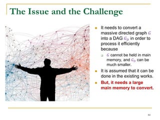 The Issue and the Challenge
 It needs to convert a
massive directed graph 𝐺
into a DAG 𝐺 𝐷 in order to
process it efficiently
because
 𝐺 cannot be held in main
memory, and 𝐺 𝐷 can be
much smaller.
 It is assumed that it can be
done in the existing works.
 But, it needs a large
main memory to convert.
84
 
