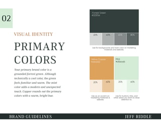 PRIMARY
COLORS
VISUAL IDENTITY
Your primary brand color is a
grounded forrest green. Although
technically a cool color, the green
feels familiar and warm. The mint
color adds a modern and unexpected
touch. Copper rounds out the primary
colors with a warm, bright hue.
Forrest Green
#333f3d
20% 40% 60% 80%
Yellow Copper
#dba262
Mint
#d5ead6
20% 60% 20% 60%
01
BRAND GUIDELINES JEFF RIDDLE
Use for backgrounds and main color on marketing
materials and website.
Use as an accent on
marketing materials &
website.
Use for buttons, links, and
other areas you want to draw
attention to.
02
 
