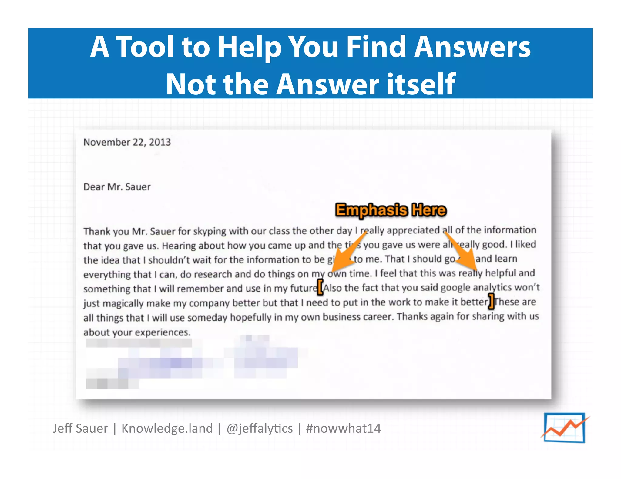 Jeﬀ	
  Sauer	
  |	
  Knowledge.land	
  |	
  @jeﬀaly5cs	
  |	
  #nowwhat14	
  	
  
A Tool to Help You Find Answers
Not the Answer itself
 