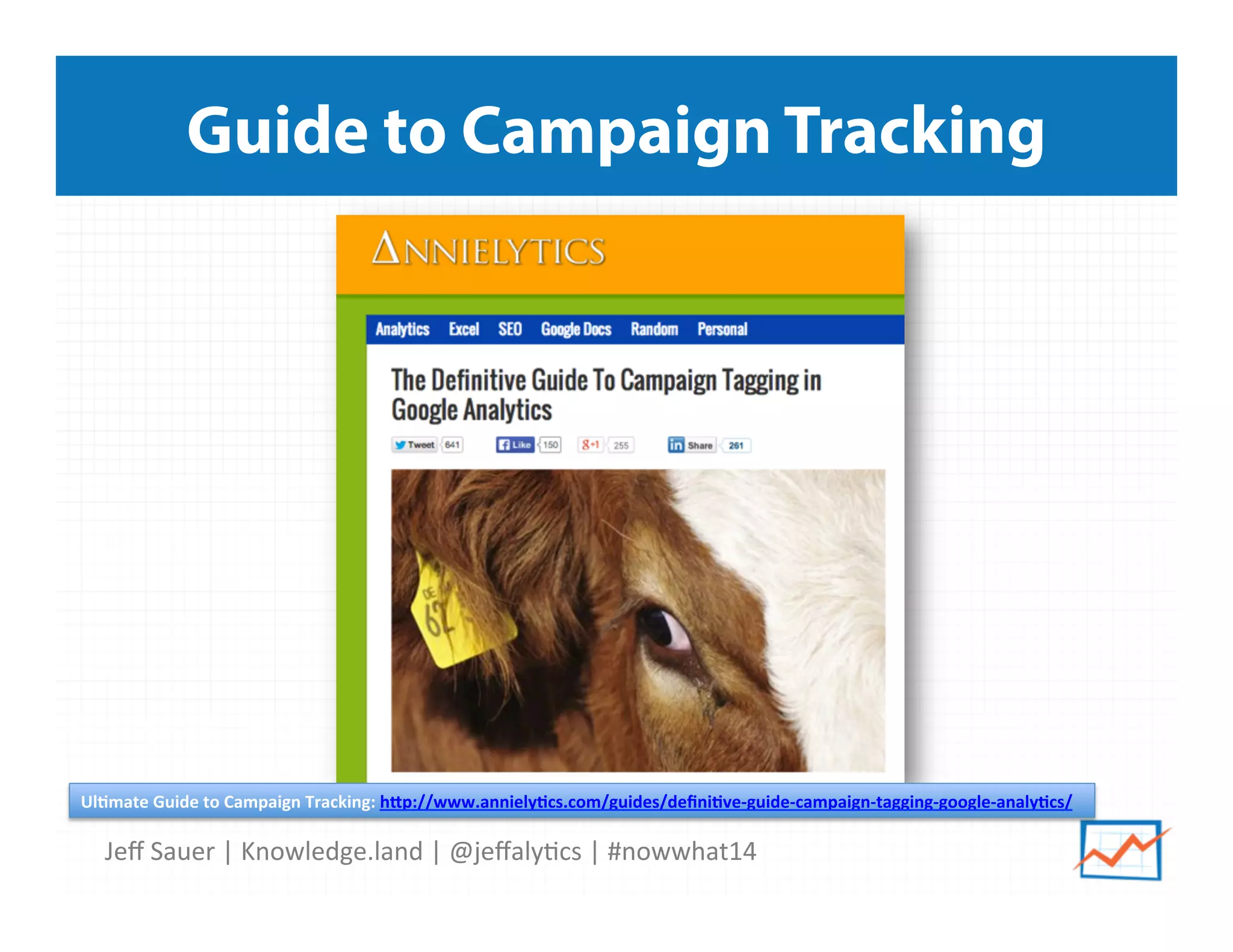 Jeﬀ	
  Sauer	
  |	
  Knowledge.land	
  |	
  @jeﬀaly5cs	
  |	
  #nowwhat14	
  	
  
Guide to Campaign Tracking
Ul:mate	
  Guide	
  to	
  Campaign	
  Tracking:	
  h*p://www.anniely:cs.com/guides/deﬁni:ve-­‐guide-­‐campaign-­‐tagging-­‐google-­‐analy:cs/	
  	
  
 