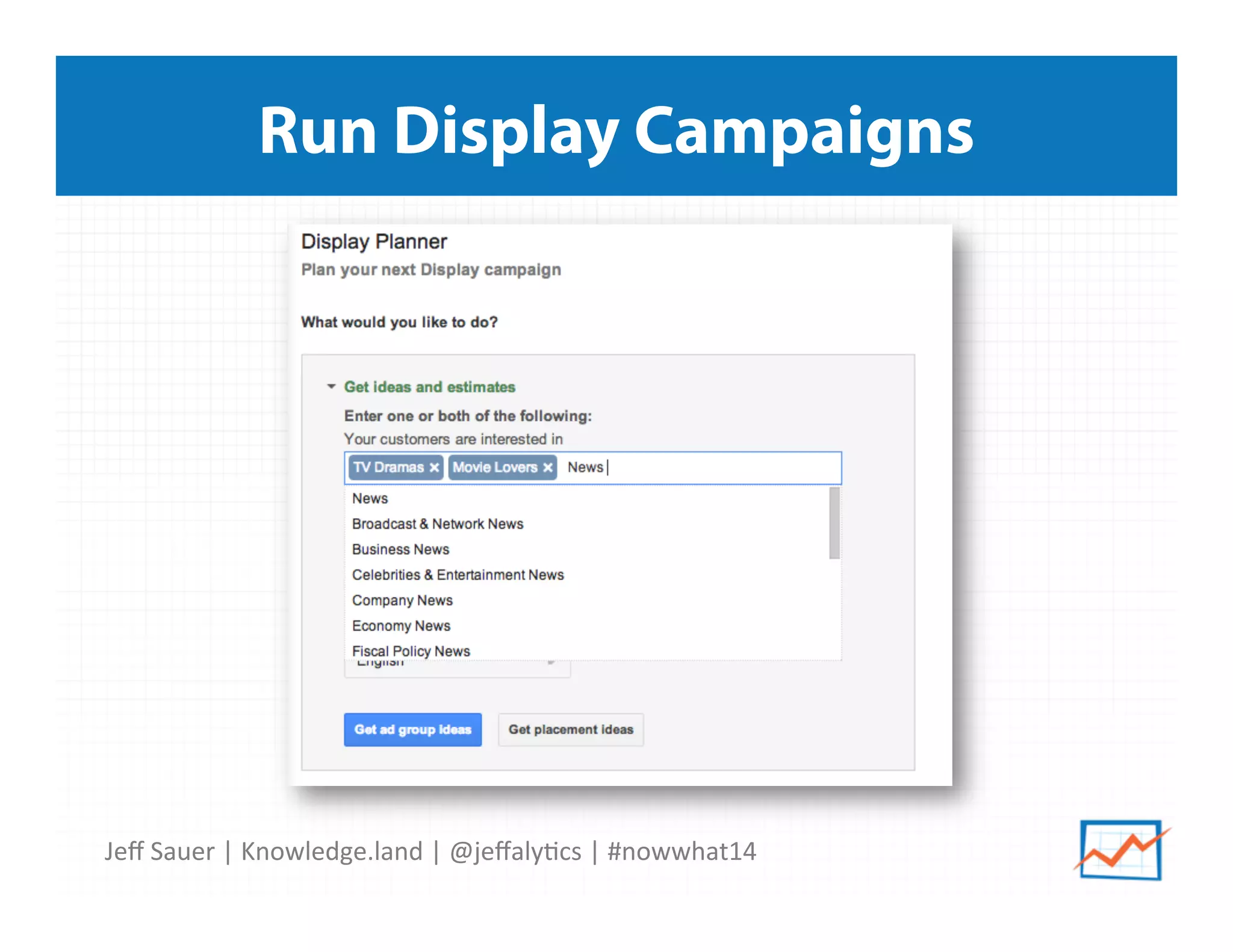 Jeﬀ	
  Sauer	
  |	
  Knowledge.land	
  |	
  @jeﬀaly5cs	
  |	
  #nowwhat14	
  	
  
Run Display Campaigns
 