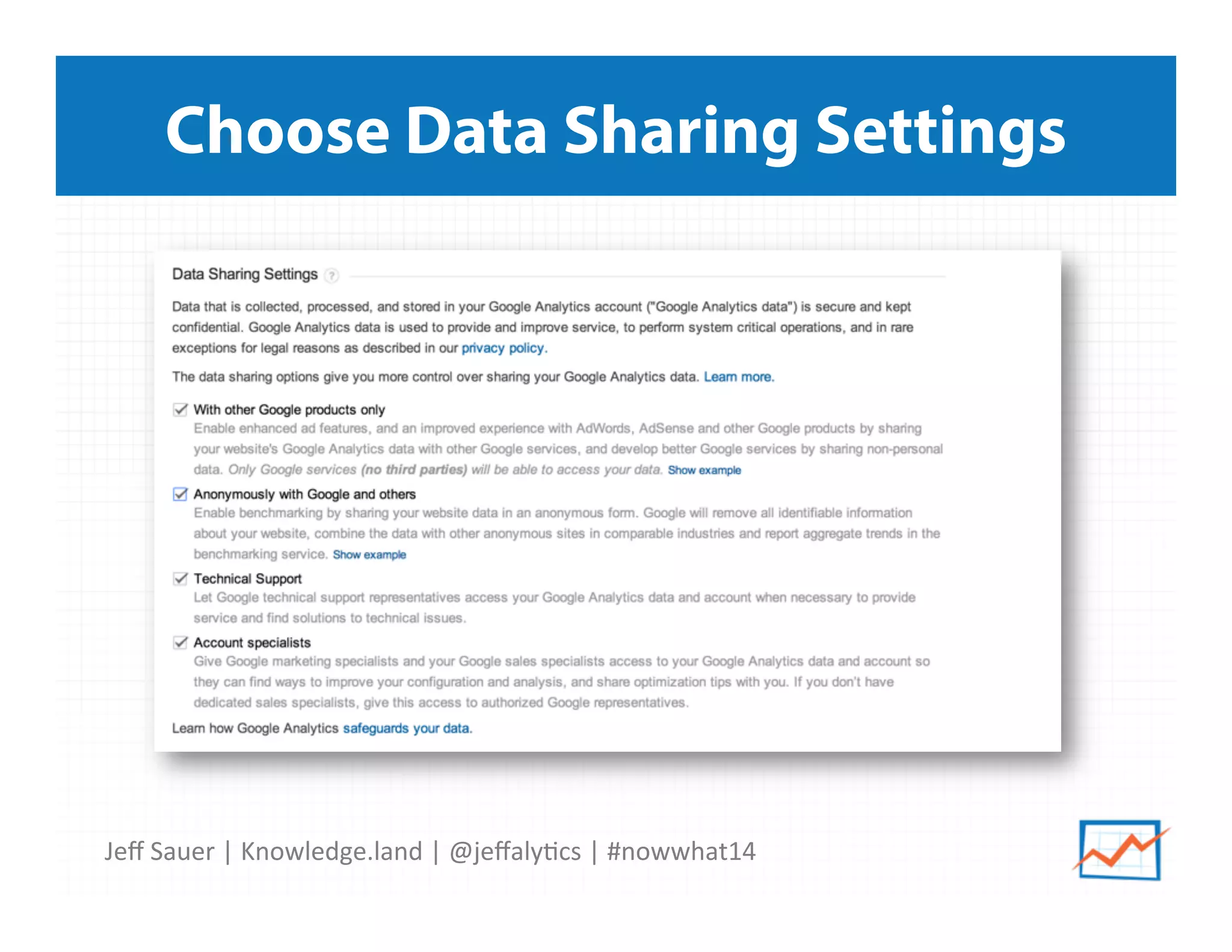 Jeﬀ	
  Sauer	
  |	
  Knowledge.land	
  |	
  @jeﬀaly5cs	
  |	
  #nowwhat14	
  	
  
Choose Data Sharing Settings
 