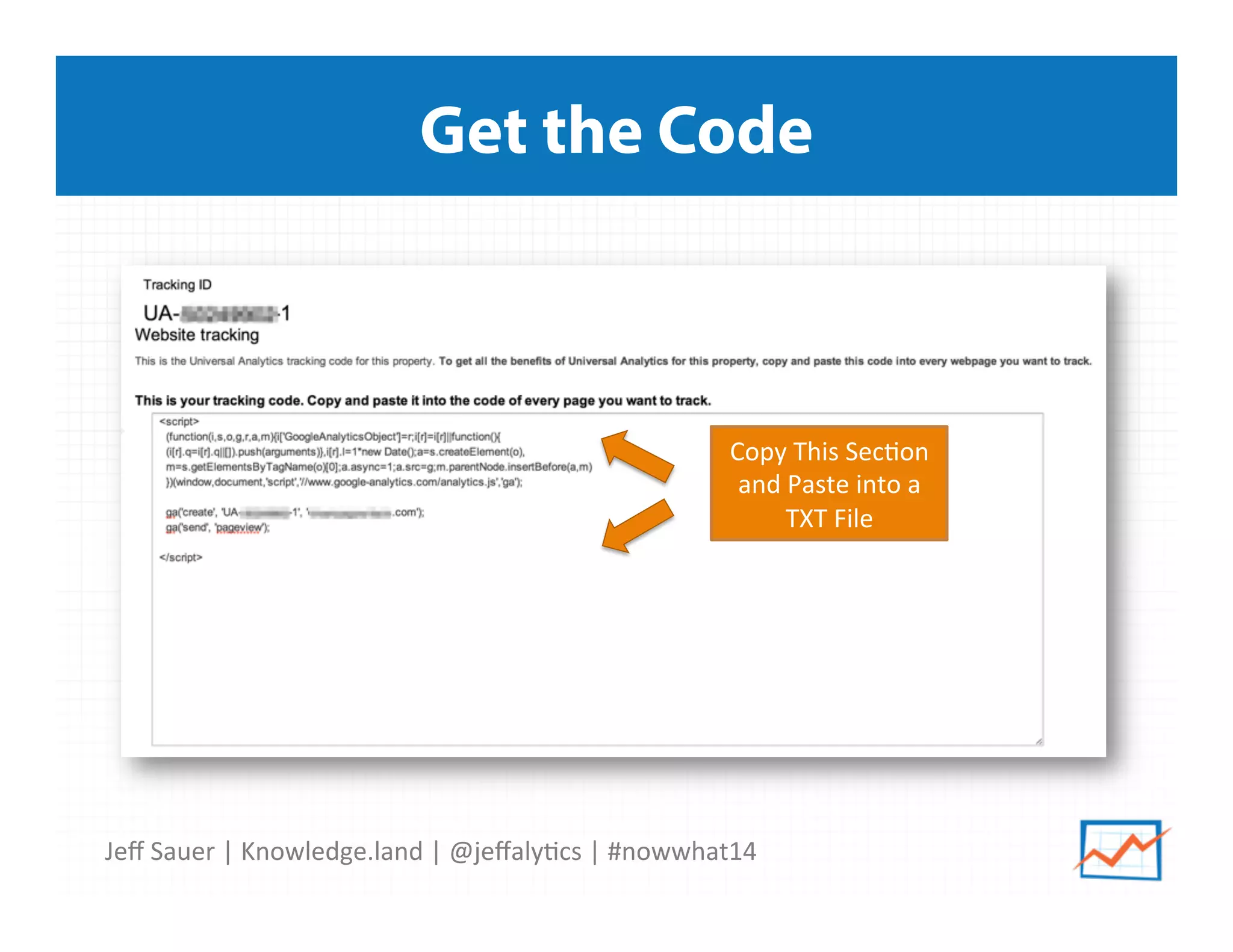 Jeﬀ	
  Sauer	
  |	
  Knowledge.land	
  |	
  @jeﬀaly5cs	
  |	
  #nowwhat14	
  	
  
Get the Code
Copy	
  This	
  Sec5on	
  
and	
  Paste	
  into	
  a	
  
TXT	
  File	
  
 
