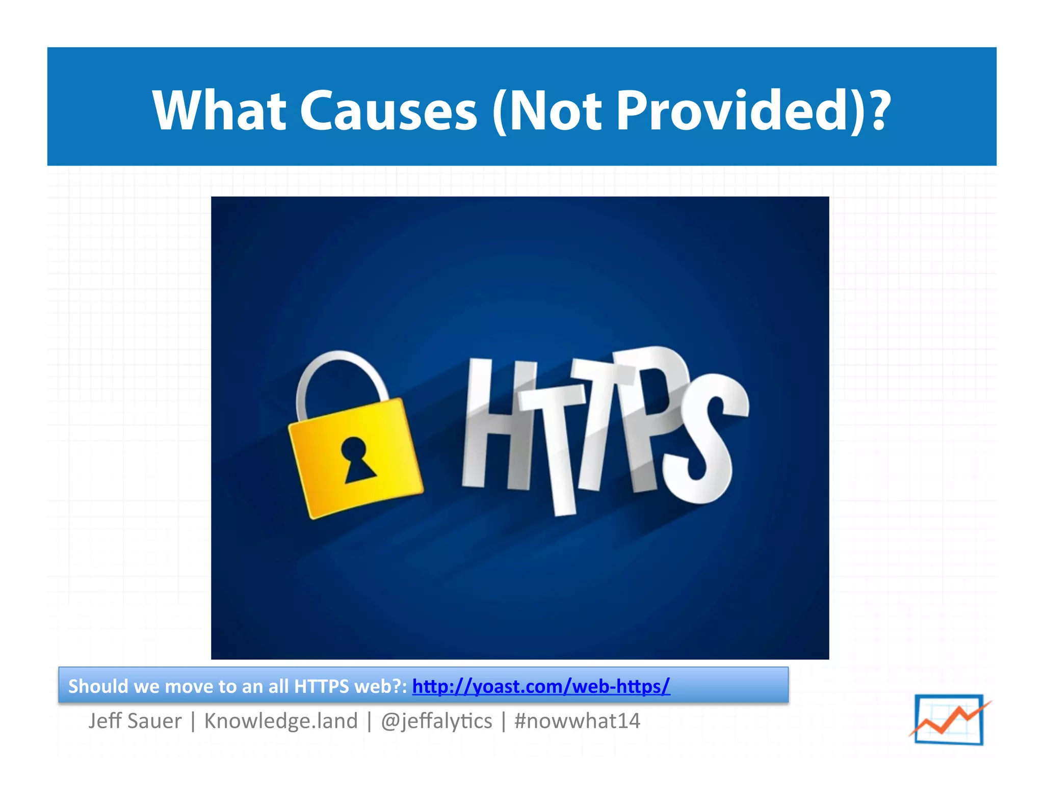 Jeﬀ	
  Sauer	
  |	
  Knowledge.land	
  |	
  @jeﬀaly5cs	
  |	
  #nowwhat14	
  	
  
What Causes (Not Provided)?
Should	
  we	
  move	
  to	
  an	
  all	
  HTTPS	
  web?:	
  h*p://yoast.com/web-­‐h*ps/	
  	
  
 