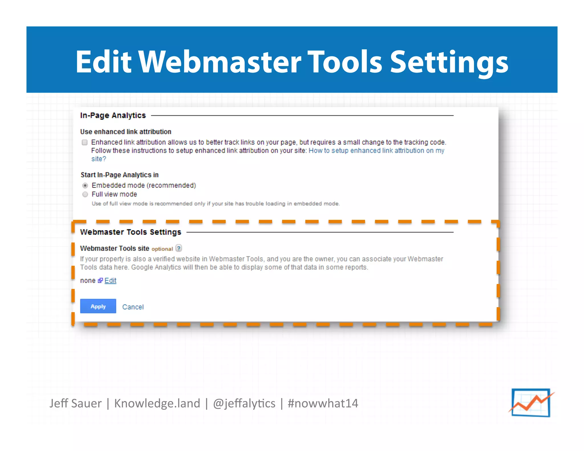 Jeﬀ	
  Sauer	
  |	
  Knowledge.land	
  |	
  @jeﬀaly5cs	
  |	
  #nowwhat14	
  	
  
Edit Webmaster Tools Settings
 