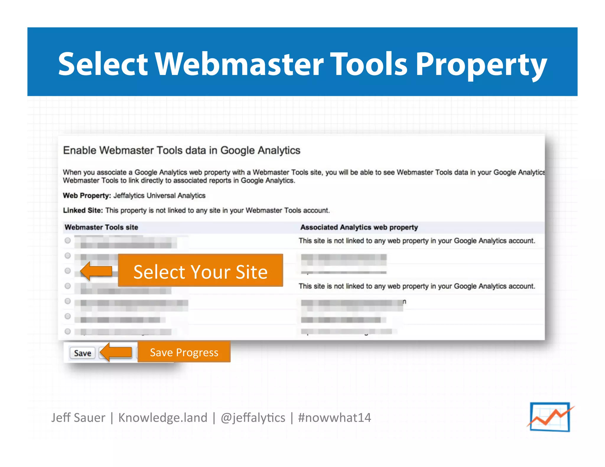Jeﬀ	
  Sauer	
  |	
  Knowledge.land	
  |	
  @jeﬀaly5cs	
  |	
  #nowwhat14	
  	
  
Select Webmaster Tools Property
Select	
  Your	
  Site	
  
Save	
  Progress	
  
 