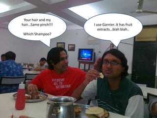 Your hair and my
hair…Same pinch!!!   I use Garnier..It has fruit
                        extracts…blah blah..
Which Shampoo?
 