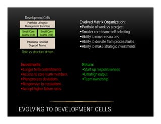 Evolved Matrix Organization:Portfolio Lifecycle
Development Cells
Evolved Matrix Organization:
Portfolio of work vs a proj...