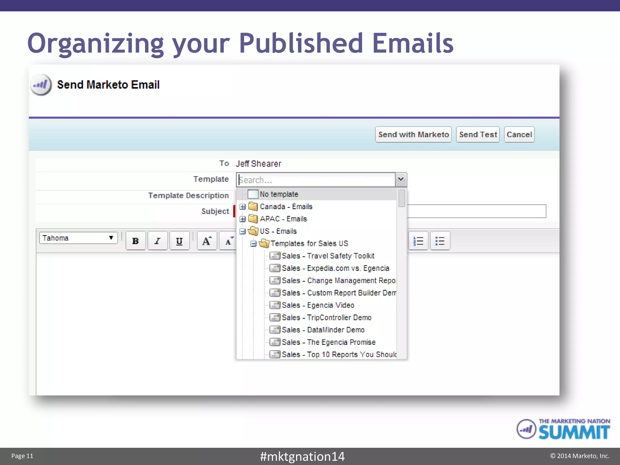 Page 11 © 2014 Marketo, Inc.#mktgnation14
Organizing your Published Emails
 