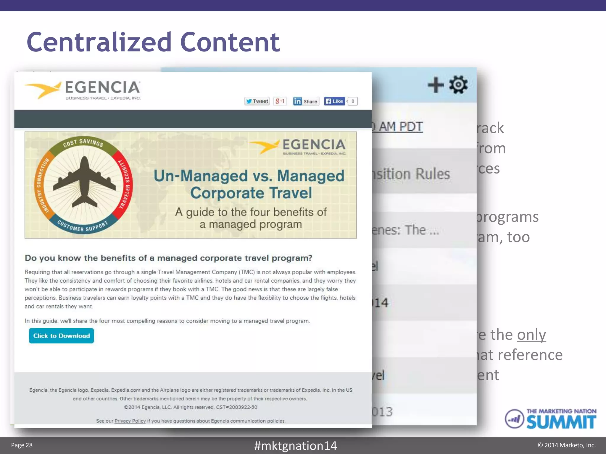 Page 28 © 2014 Marketo, Inc.#mktgnation14
Centralized Content
Triggers to track
downloads from
various sources
These are the only
assets that reference
the content
Engagement programs
call this program, too
 