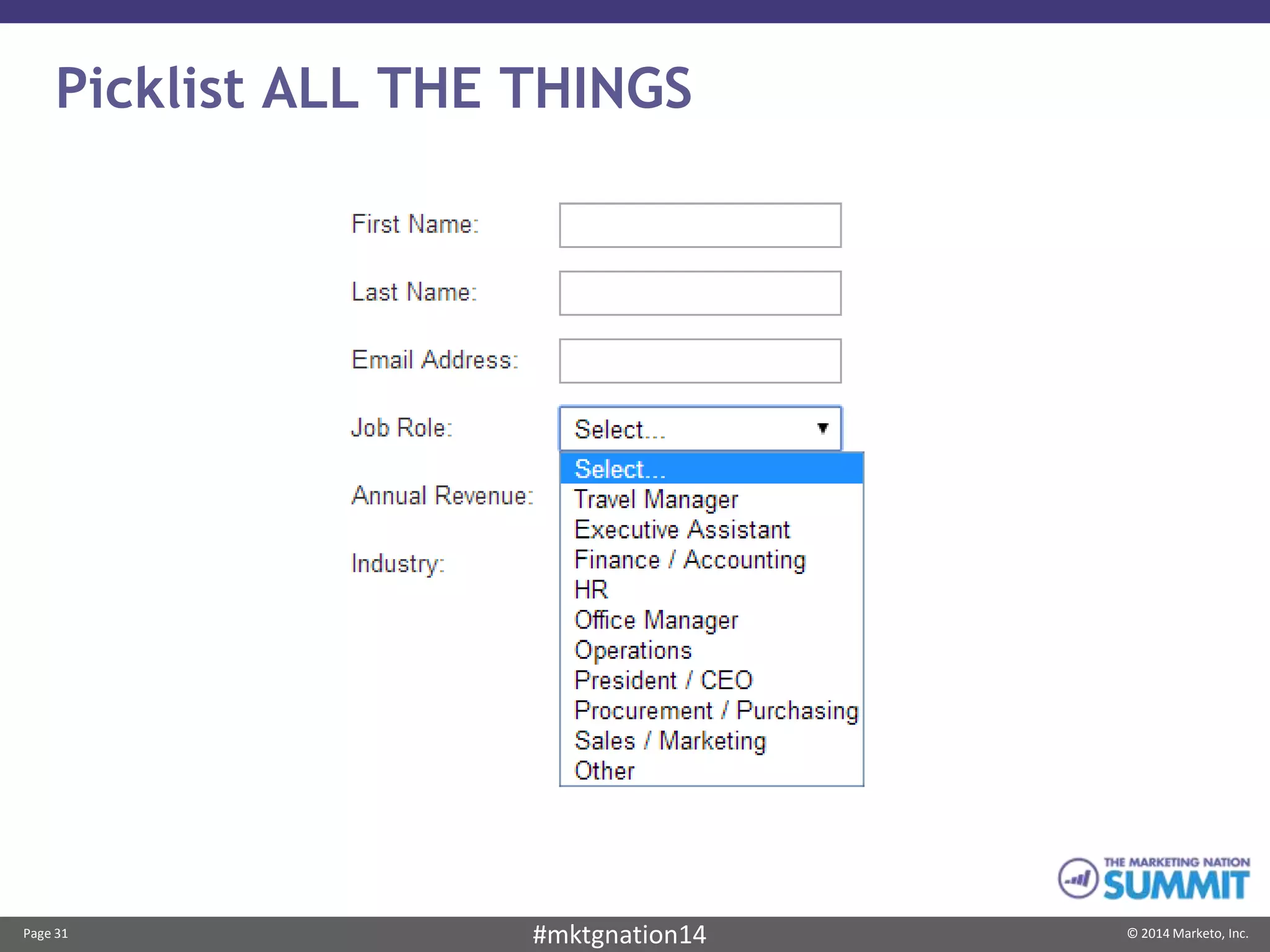 Page 31 © 2014 Marketo, Inc.#mktgnation14
Picklist ALL THE THINGS
 