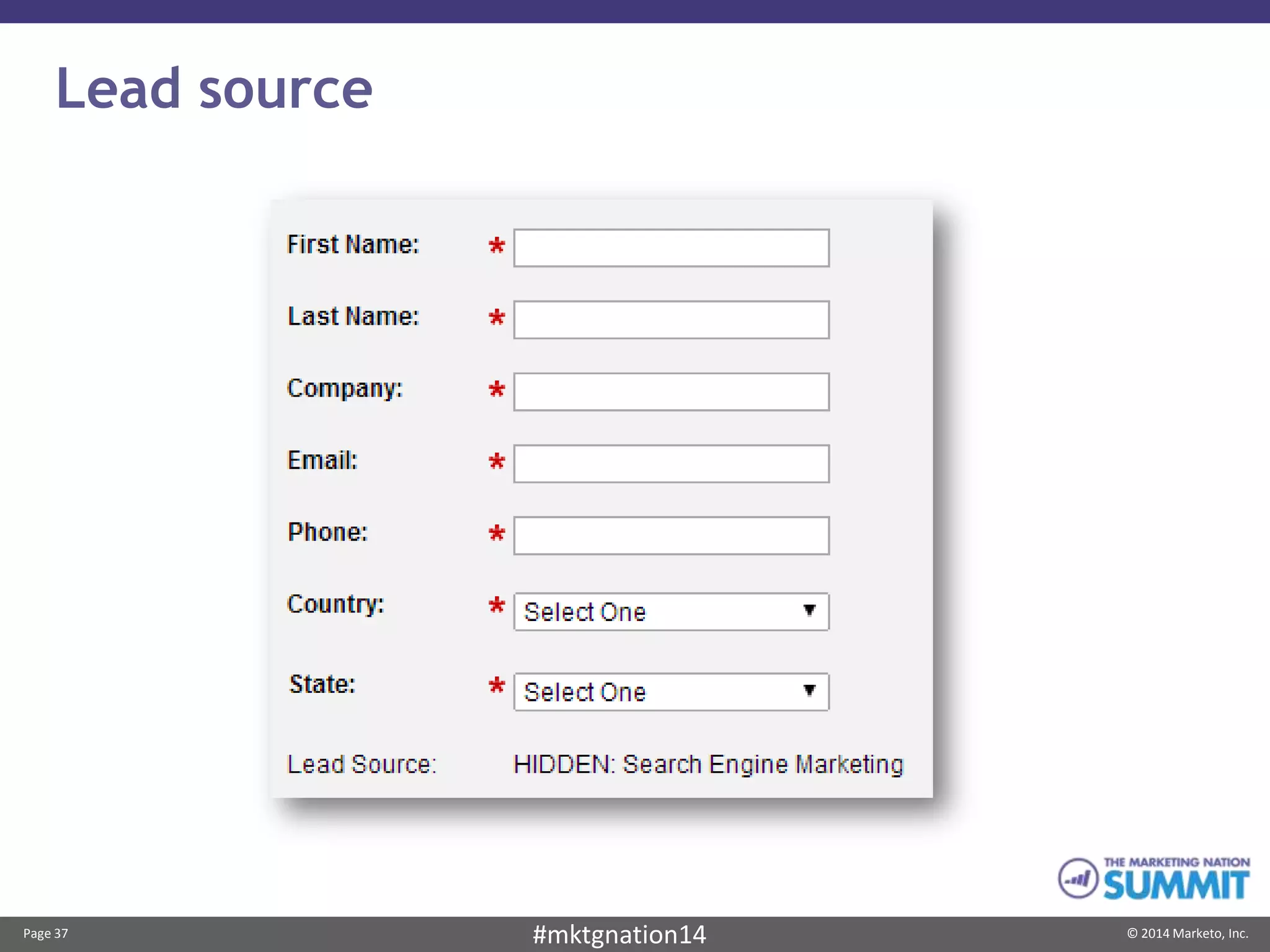 Page 37 © 2014 Marketo, Inc.#mktgnation14
Lead source
 