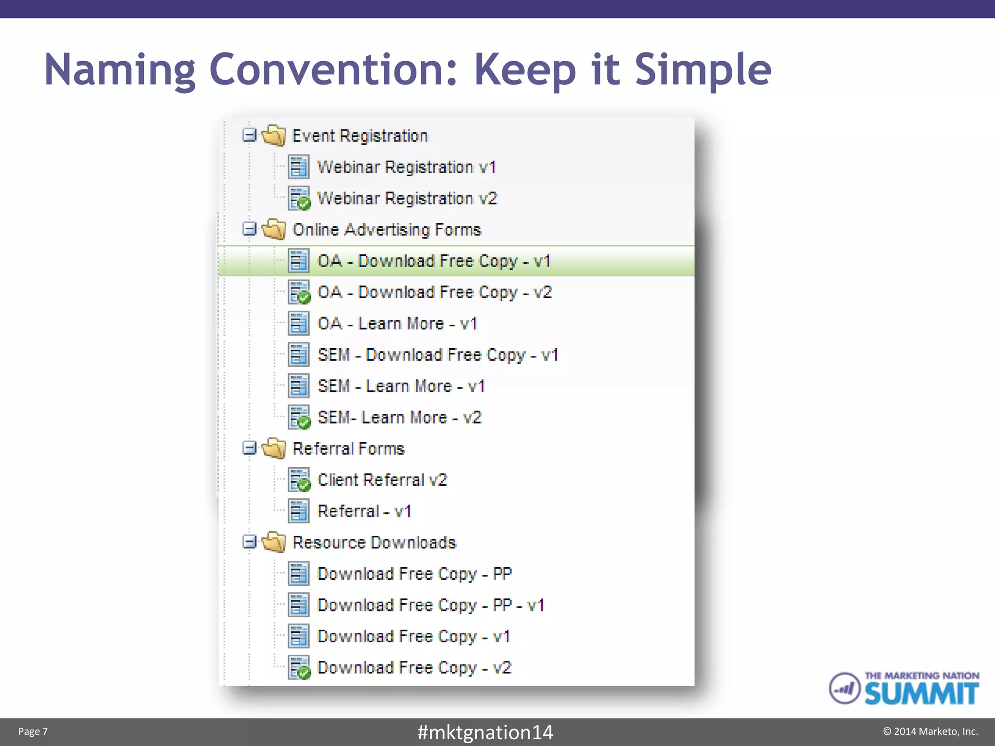Page 7 © 2014 Marketo, Inc.#mktgnation14
Naming Convention: Keep it Simple
 