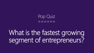 Pop Quiz
======
What is the fastest growing
segment of entrepreneurs?
 