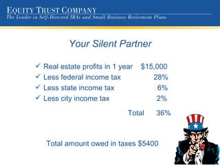 Your Silent Partner Real estate profits in 1 year  $15,000 Less federal income tax  28%  Less state income tax  6% Less city income tax  2% Total  36% Total amount owed in taxes $5400 