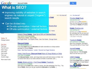 What is SEO?
➜ Improving visibility of websites in search
  engines via natural or unpaid (“organic”)
  search results

➜ Can be divided into:
   ➜ On-site optimization / internal factors
   ➜ Off-site optimization / external factors
 