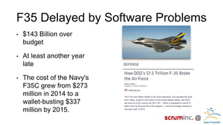 @ 
F35 Delayed by Software Problems 
•$143 Billion over budget 
•At least another year late 
•The cost of the Navy's F35C grew from $273 million in 2014 to a wallet-busting $337 million by 2015.  