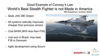 @ 
Good Example of Conway’s Law 
World’s Best Stealth Fighter is not Made in America 
•Saab JAS 39E Gripen 
•All systems radically improved, cheaper than previous version 
•Cost $43M (80% less than F35) 
•Just won in Brazil, may beat F35 in Denmark 
•Agile development using Scrum 
Bill Sweetman, Aviation Week  