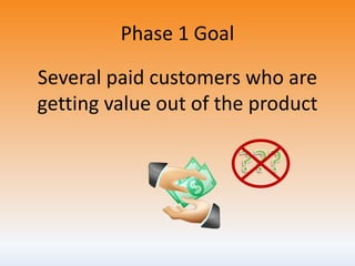 Phase 1 Goal
Several paid customers who are
getting value out of the product
 