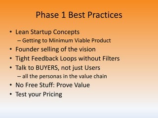 Phase 1 Best Practices
• Lean Startup Concepts
– Getting to Minimum Viable Product
• Founder selling of the vision
• Tight...