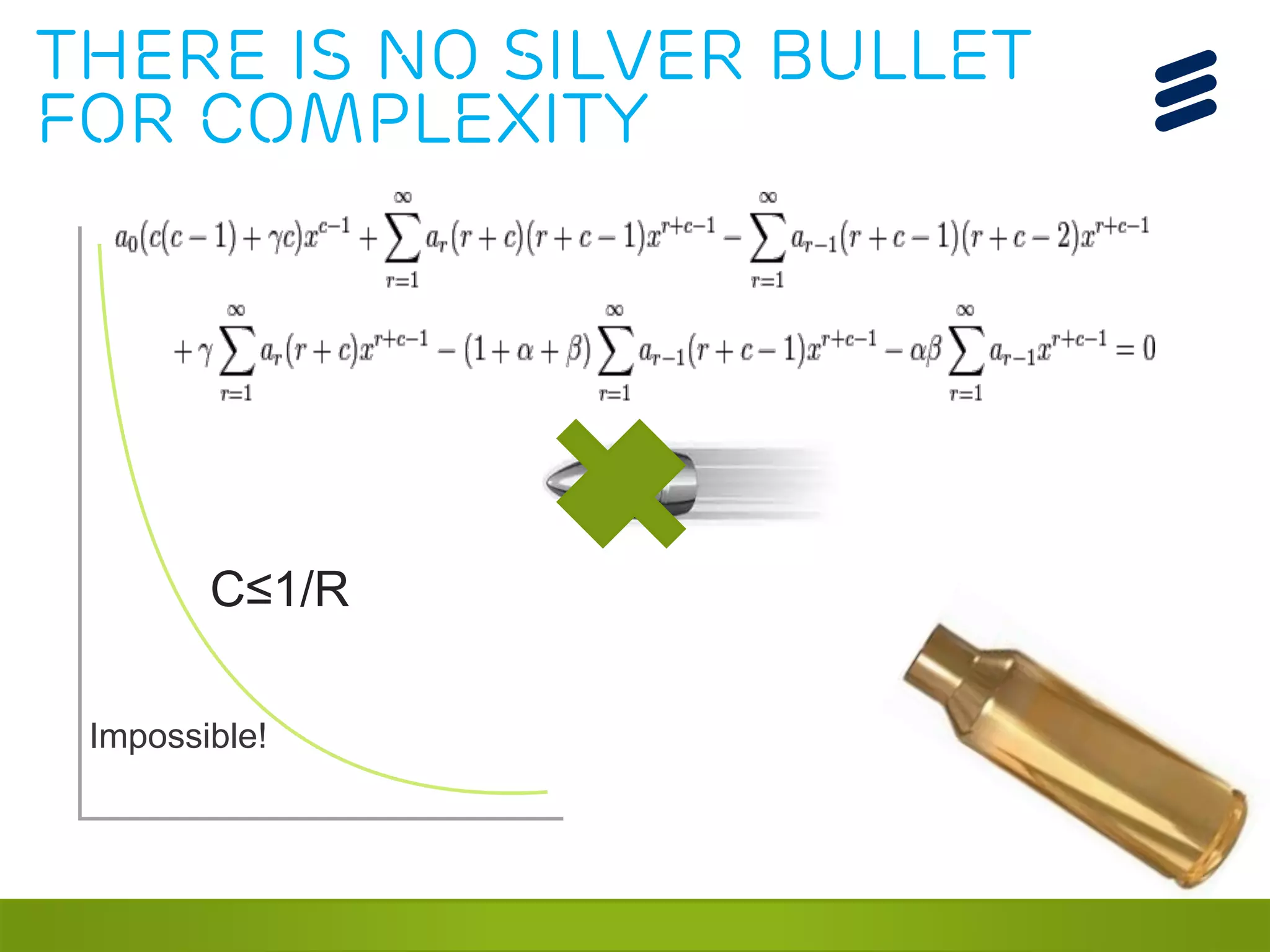 There is no Silver Bullet 
for Complexity 
11 
C≤1/R 
Impossible! 
 