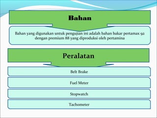 Peralatan
Bahan yang digunakan untuk pengujian ini adalah bahan bakar pertamax 92
dengan premium 88 yang diproduksi oleh pertamina
Bahan
Rope Brake
Fuel Meter
Stopwatch
Tachometer
 