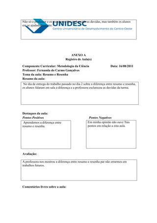 Não só o professor e os monitores têm esclarecido as duvidas, mas também os alunos
em se ajudado bastante.




                                     ANEXO A
                                 Registro de Aula(s)

Componente Curricular: Metodologia da Ciência                       Data: 16/08/2011
Professor: Fernanda do Carmo Gonçalves
Tema da aula: Resumo e Resenha
Resumo da aula:
No dia de entrega do trabalho passado no dia 2 sobre a diferença entre resumo e resenha,
os alunos falaram em sala a diferença e a professora esclareceu as duvidas da turma.




Destaques da aula:
Pontos Positivos                                   Pontos Negativos
 Aprendemos a diferença entre                     Em minha opinião não ouve Tais
resumo e resenha.                                 pontos em relação a esta aula.




Avaliação:

A professora nos mostrou a diferença entre resumo e resenha par não errarmos em
trabalhos futuros.




Comentários livres sobre a aula:
 