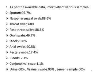 • As per the available data, infectivity of various samples-
 Sputum:97.7%
 Nasopharyngeal swab:88.6%
 Throat swab:60%
 Post throat saliva:88.6%
 Oral swabs:46.7%
 Stool:70.8%
 Anal swabs:20.5%
 Rectal swabs:17.4%
 Blood:12.3%
 Conjunctival swab:1.1%
 Urine:00% , Vaginal swabs:00% , Semen sample:00% 8
 