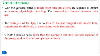 Vertical Dimension
122
• With the geriatric patients, much more time and efforts are required to ensure
an accurate physiologic recording. The interocclusal distance increases with
age.
• The falling-in of the lips, due to loss of adequate support and muscle tone,
complicates the difficulty of determining vertical dimension.
• Geriatric patients needs more than the average 3-mm inter occlusal distance of
the young adult with a full complement of teeth.
 