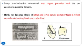 126
• Many prosthodontics recommend zero degree posterior teeth for the
edentulous geriatric patients.
• Hardy has designed blocks of upper and lower acrylic posterior teeth in which
curved metal cutting blades are embedded.
 