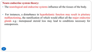 25
Neuro endocrine system theory:
• The neurological and endocrine systems influence all the tissues of the body.
• For instances, a disturbance in hypothalamic function may result in pituitary
malfunctioning, the ramification of which would effect all the major endocrine
glands e.g.: menopausal steroid loss may lead to conditions necessary for
osteoporosis.
 