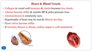 Heart & Blood Vessels
31
• Collagen in vessel wall increases & elastin becomes less elastic.
• Arteries become stiffer & systolic BP & pulse pressure rises.
• Arteriosclerosis is commonly seen.
• Hypertrophy of heart may be seen & fibrosis develop.
• Heart valves become stiffer.
• If coronary disease is absent, cardiac output is well maintained.
 