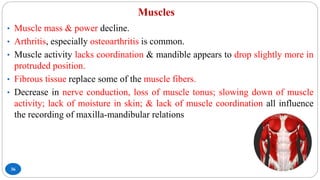 Muscles
36
• Muscle mass & power decline.
• Arthritis, especially osteoarthritis is common.
• Muscle activity lacks coordination & mandible appears to drop slightly more in
protruded position.
• Fibrous tissue replace some of the muscle fibers.
• Decrease in nerve conduction, loss of muscle tonus; slowing down of muscle
activity; lack of moisture in skin; & lack of muscle coordination all influence
the recording of maxilla-mandibular relations
 