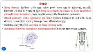 Bones
38
• Bone density declines with age. After peak bone age is achieved, usually
between 30 and 40 years of age, bone loss begins to occur, as bone resorption
exceeds bone formation. Bone adapts to meet the functional demands.
• Blood capillary walls supplying the bone thicken because in old age, bone
derives its nutrition mainly from periosteal blood supply.
• Histologically there is decrease in bone forming cells.
• Imbalance between resorption & replacement of bone in Haversian systems.
 