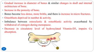 39
• Gradual increase in diameter of bones & similar changes in skull and internal
architecture of bone.
• Increase in the porosity of bone.
• Bones become less dense, more brittle, and there is increase in micro fractures.
• Osteoblasts deprived in number & activity.
• Imbalance between osteoclastic & osteoblastic activity exacerbated by
withdrawal of estrogen during menopause.
• Decrease in circulatory level of hydroxylated Vitamin-D3, impairs Ca
absorption.
 