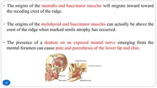46
• The origins of the mentalis and buccinator muscles will migrate inward toward
the receding crest of the ridge.
• The origins of the mylohyoid and buccinator muscles can actually be above the
crest of the ridge when marked senile atrophy has occurred.
• The presence of a denture on an exposed mental nerve emerging from the
mental foramen can cause pain and paresthesia of the lower lip and chin.
 