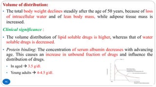 91
Volume of distribution:
• The total body weight declines steadily after the age of 50 years, because of loss
of intracellular water and of lean body mass, while adipose tissue mass is
increased.
Clinical significance :
• The volume distribution of lipid soluble drugs is higher, whereas that of water
soluble drugs is decreased.
• Protein binding: The concentration of serum albumin decreases with advancing
age. This causes an increase in unbound fraction of drugs and influence the
distribution of drugs.
• In aged  3.5 g/dl.
• Young adults  4-4.5 g/dl.
 