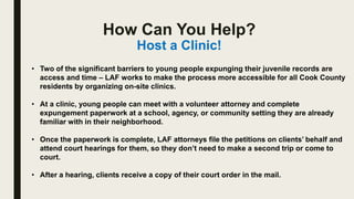 How Can You Help?
Host a Clinic!
• Two of the significant barriers to young people expunging their juvenile records are
access and time – LAF works to make the process more accessible for all Cook County
residents by organizing on-site clinics.
• At a clinic, young people can meet with a volunteer attorney and complete
expungement paperwork at a school, agency, or community setting they are already
familiar with in their neighborhood.
• Once the paperwork is complete, LAF attorneys file the petitions on clients’ behalf and
attend court hearings for them, so they don’t need to make a second trip or come to
court.
• After a hearing, clients receive a copy of their court order in the mail.
 