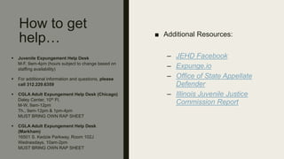 How to get
help… ■ Additional Resources:
– JEHD Facebook
– Expunge.io
– Office of State Appellate
Defender
– Illinois Juvenile Justice
Commission Report
 Juvenile Expungement Help Desk
M-F, 9am-4pm (hours subject to change based on
staffing availability)
 For additional information and questions, please
call 312.229.6359
 CGLA Adult Expungement Help Desk (Chicago)
Daley Center, 10th Fl.
M-W, 9am-12pm
Th., 9am-12pm & 1pm-4pm
MUST BRING OWN RAP SHEET
 CGLA Adult Expungement Help Desk
(Markham)
16501 S. Kedzie Parkway, Room 102J
Wednesdays, 10am-2pm
MUST BRING OWN RAP SHEET
 