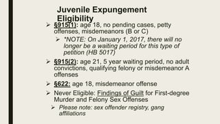 Juvenile Expungement
Eligibility
 §915(1): age 18, no pending cases, petty
offenses, misdemeanors (B or C)
 *NOTE: On January 1, 2017, there will no
longer be a waiting period for this type of
petition (HB 5017)
 §915(2): age 21, 5 year waiting period, no adult
convictions, qualifying felony or misdemeanor A
offenses
 §622: age 18, misdemeanor offense
 Never Eligible: Findings of Guilt for First-degree
Murder and Felony Sex Offenses
 Please note: sex offender registry, gang
affiliations
 