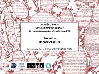 Journée d’étude 
Outils, méthode, corpus : 
la modélisation des données en SHS 
Introduction 
Décrire et relier 
Emmanuelle Perrin (InVisu, USR 3103 CNRS-INHA) 
 