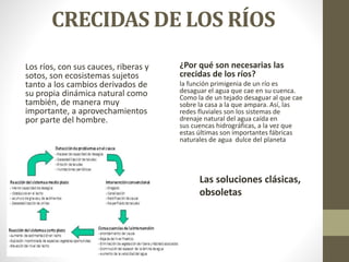 CRECIDAS DE LOS RÍOS
Los ríos, con sus cauces, riberas y
sotos, son ecosistemas sujetos
tanto a los cambios derivados de
su propia dinámica natural como
también, de manera muy
importante, a aprovechamientos
por parte del hombre.
¿Por qué son necesarias las
crecidas de los ríos?
la función primigenia de un río es
desaguar el agua que cae en su cuenca.
Como la de un tejado desaguar al que cae
sobre la casa a la que ampara. Así, las
redes fluviales son los sistemas de
drenaje natural del agua caída en
sus cuencas hidrográficas, a la vez que
estas últimas son importantes fábricas
naturales de agua dulce del planeta
Las soluciones clásicas,
obsoletas
 