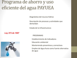 Programa de ahorro y uso
eficiente del agua PAYUEA
Ley 373 de 1997
Diagnóstico del recurso hídrico
Descripción de procesos y actividades que
demandan
Estado de la infraestructura
PROGRAMAS
Establecimiento de Indicadores
Educación ambiental
Manteniendo preventivos y correctivos
Empleo de Agua lluvia como fuente alternativa
de agua
 