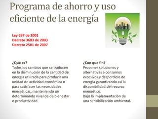 Programa de ahorro y uso
eficiente de la energía
Ley 697 de 2001
Decreto 3683 de 2003
Decreto 2501 de 2007
¿Qué es?
Todos los cambios que se traducen
en la disminución de la cantidad de
energía utilizada para producir una
unidad de actividad económica o
para satisfacer las necesidades
energéticas, manteniendo un
determinando nivel de de bienestar
o productividad.
¿Con que fin?
Proponer soluciones y
alternativas a consumos
excesivos y desperdicio de
energía garantizando así la
disponibilidad del recurso
energético.
Bajo la implementación de
una sensibilización ambiental.
 