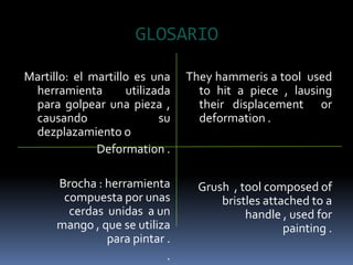 GLOSARIO

Martillo: el martillo es una    They hammeris a tool used
 herramienta        utilizada     to hit a piece , lausing
 para golpear una pieza ,         their displacement or
 causando                  su     deformation .
 dezplazamiento o
              Deformation .

      Brocha : herramienta        Grush , tool composed of
       compuesta por unas             bristles attached to a
        cerdas unidas a un                 handle , used for
      mango , que se utiliza                       painting .
               para pintar .
                           .
 
