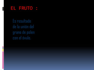 EL FRUTO :

Es resultado
de la unión del
grano de polen
con el óvulo.
 